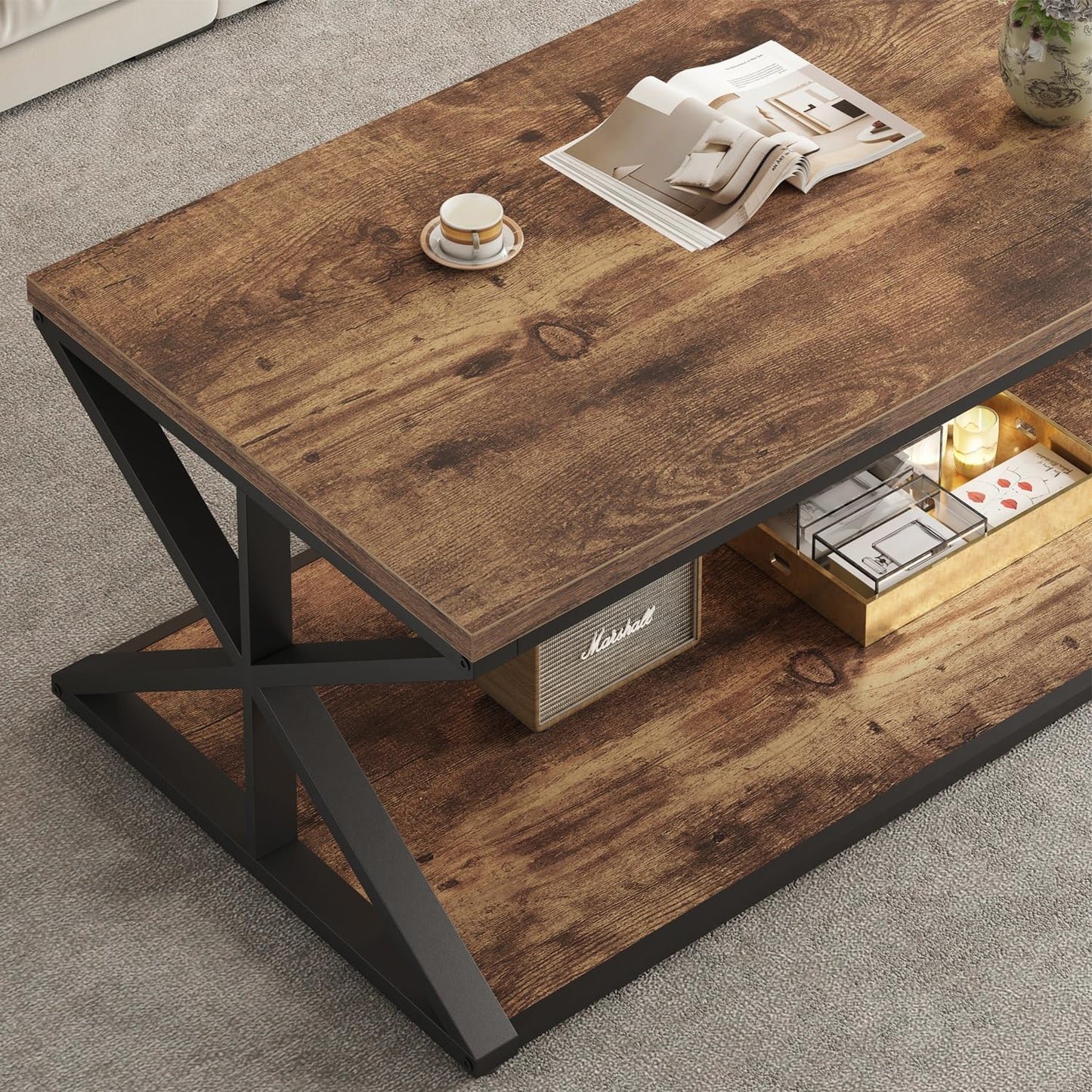 HSH Rustic Coffee Table, Farmhouse Coffee Tables for Living Room, Rectangle Wooden Center Tables with Storage