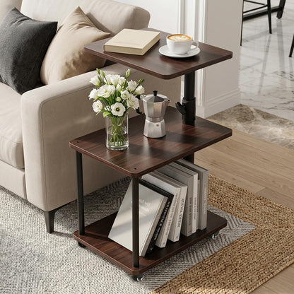 Bingyouth Side Table with Wheels, Adjustable End Table with 360° Swivel Top, 3 Tier Sofa Side Table for Living Room, Bedroom or Bedside