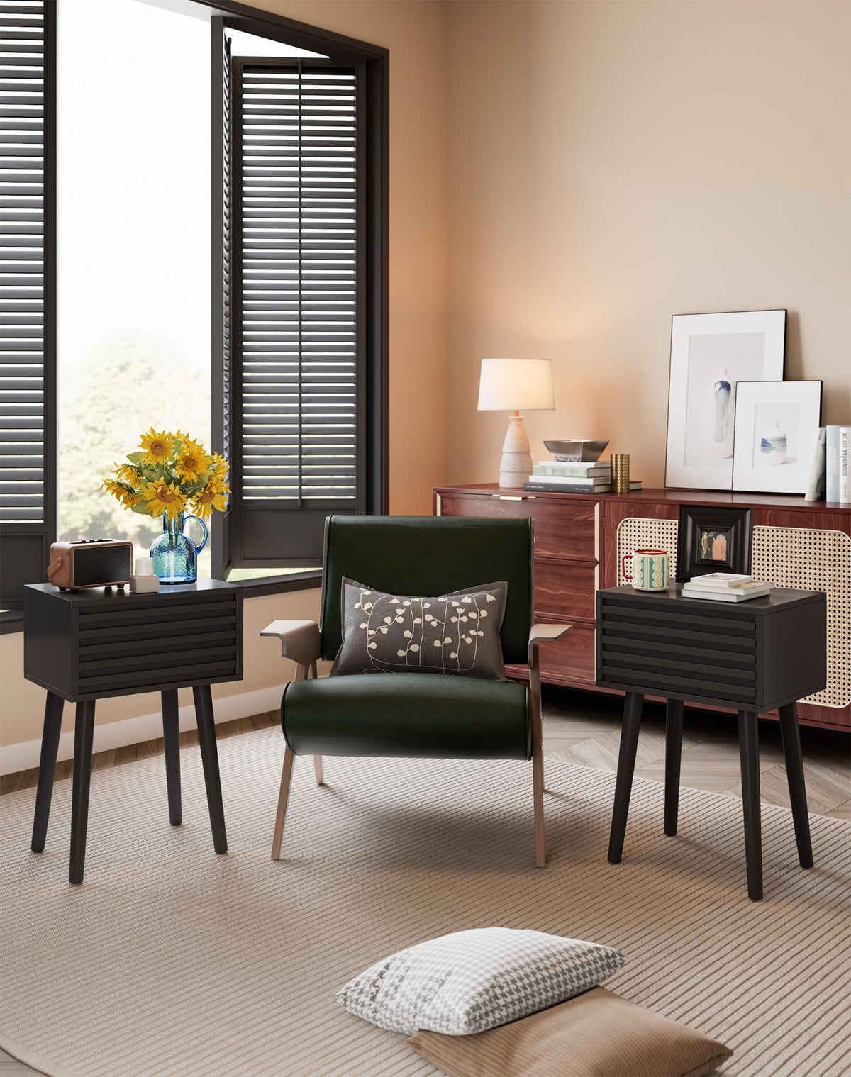 YMYNY Fluted Nightstand Set of 2, Small Bedside Table, Mid-Century Modern End Table, Push-to-Open Door, Solid Wood Legs, 35x27x53 cm, for Living Room