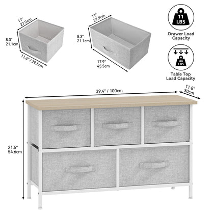 DWVO Chest of Drawers, 5 Fabric Drawers Bedroom Cabinet,Dresser for Bedroom,Living Room With Handles,Wood Top and Sturdy Steel Frame, Light Grey