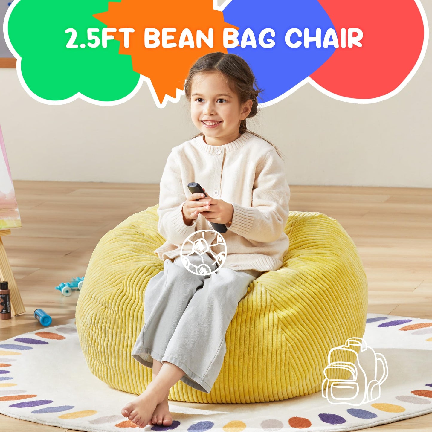 Hobestluk Kids Bean Bag Chair Teardrop Shape with Filling, 2.5FT Yellow