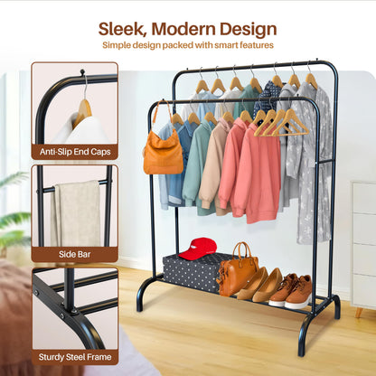 PORTENTUM Heavy duty clothes rail in steel – up to 35 kg – with double rail and shoe shelf – Clothing rack with non-slip feet