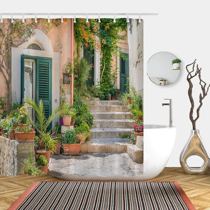 Street Scenery Shower Curtain with Old Stone House and Flower Picture Lightweight Quick-dry Cloth Bathroom Curtain with Hooks Tall Floral Shower