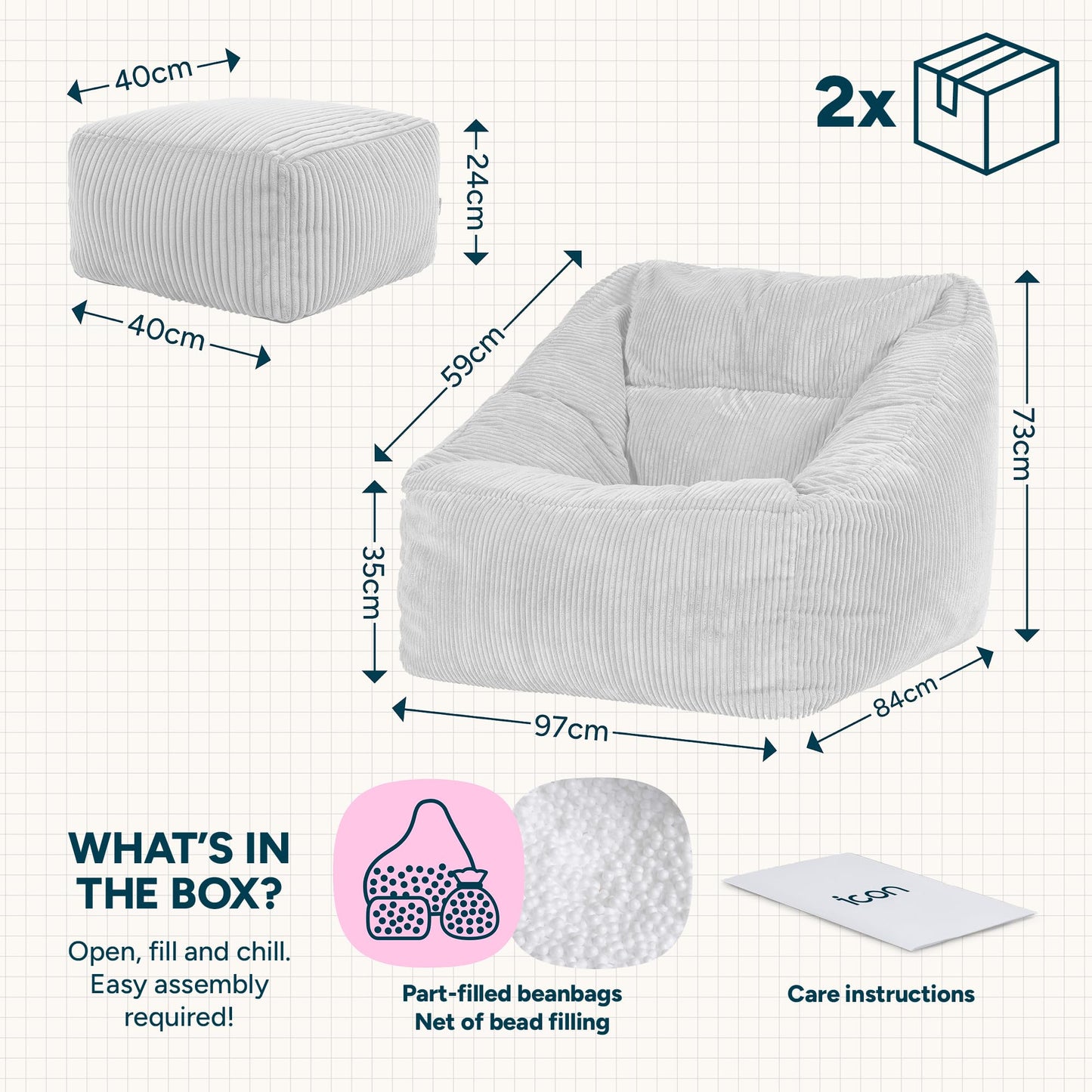 icon Natalia Cord Bean Bag Chair & Footstool with Filling Included, Grey