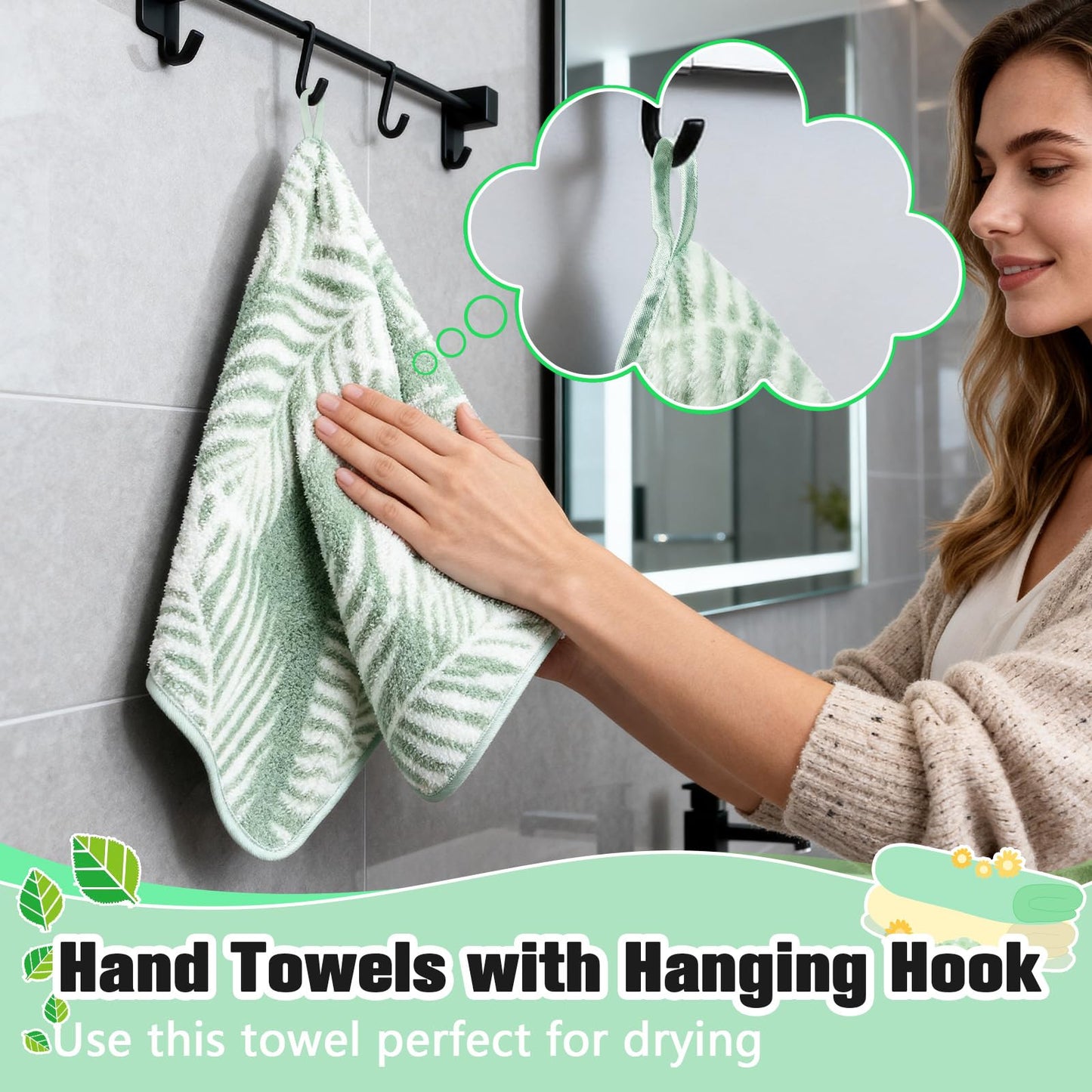 PHOGARY 1 Pack Green Leaf Towel, Reusable Soft Flannel Bath Towel Hand Body Facial Cleansing‌ Hair drying Towel for Bathroom, Kitchen, Gym, Spa