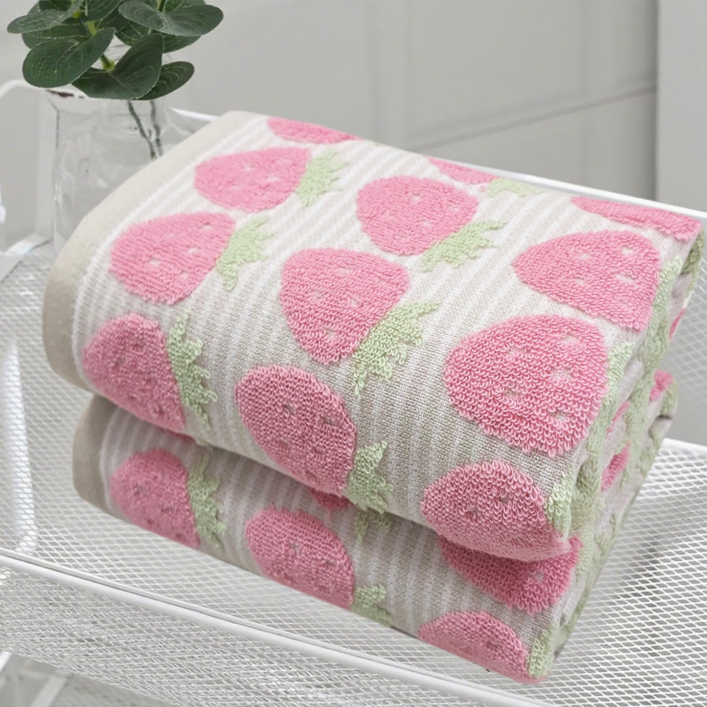 USTIDE Fruit Hand Towels Set of 2 Lovely Pink Striped Strawberry Hand Towel Cotton Face Towel Soft Absorbent Towel Set for Bathroom Kitchen 14x30 Inch