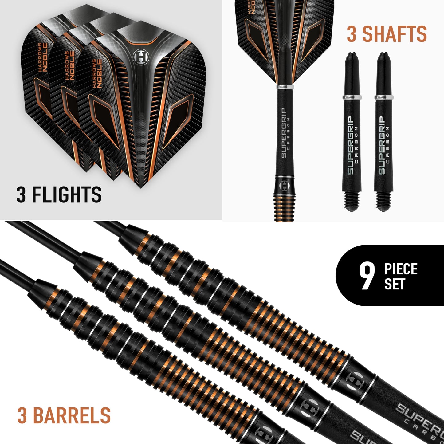 Harrows Noble 90% Tungsten Steel Tip Darts Set 22g, 23g, 24g & 25g - Includes Silver Supergrip Carbon Shafts & Micron Noble Flights (22g)