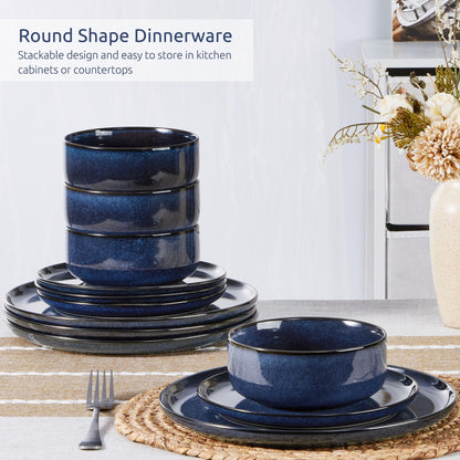 Homikit 12 Piece Dinner Set, Reactive Glaze Kitchen Dinnerware Sets for 4, Elegant Stoneware Included Plates and Bowls, Non-Scratch & Sturdy,