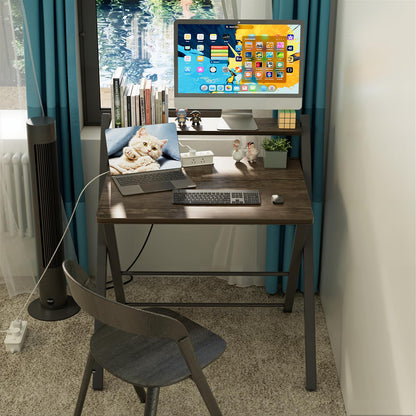 GreenForest No Assembly Required Folding Desk with Monitor Shelf,Brown