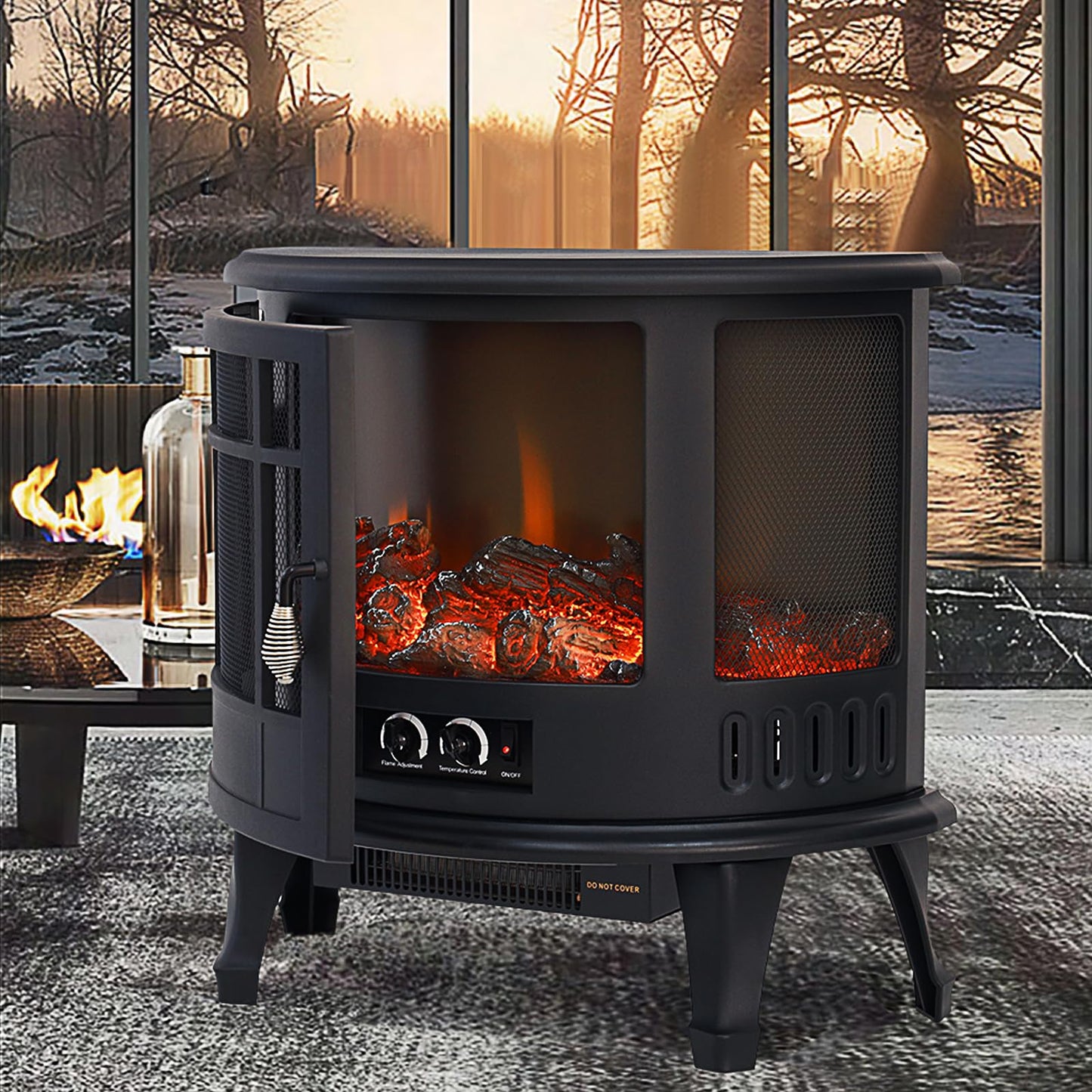 INMOZATA Electric Fire Stove Heater with Realistic LED Log Fire Flame Effect, Adjustable Thermostat, Flame Dimmer, Overheat Protection, 1800W