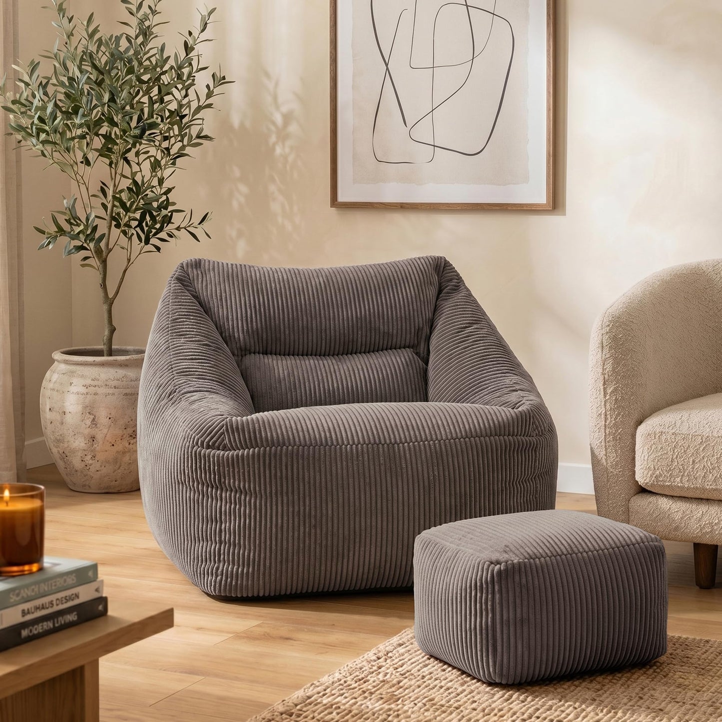 icon Natalia Cord Bean Bag Chair & Footstool with Filling Included, Grey