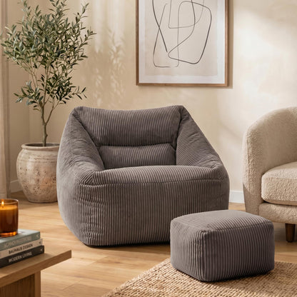 icon Natalia Cord Bean Bag Chair & Footstool with Filling Included, Grey