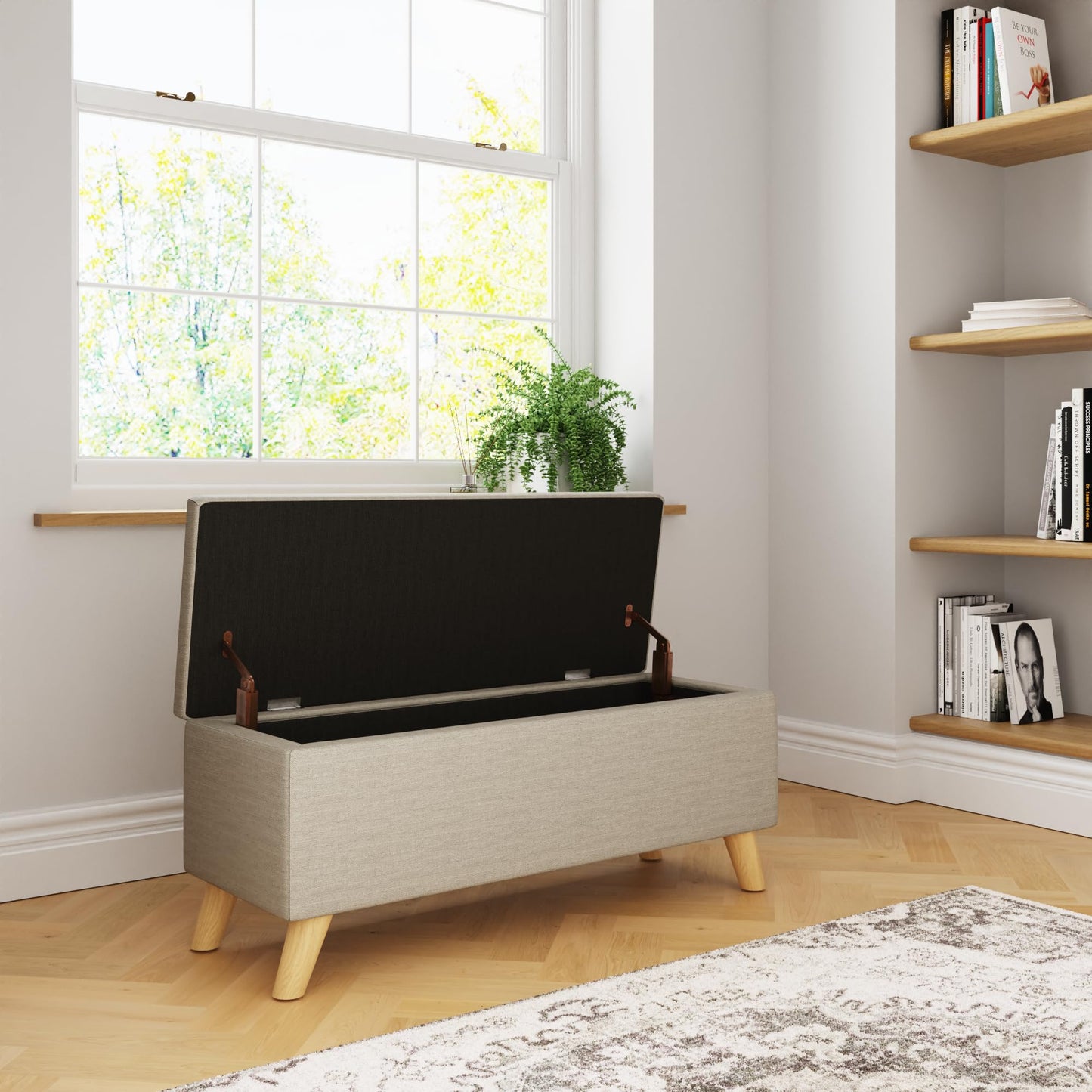 GFW Secreto Ottoman Storage Bench in Natural Fabric, Upholstered Footstool with Wooden Legs & Hidden Storage