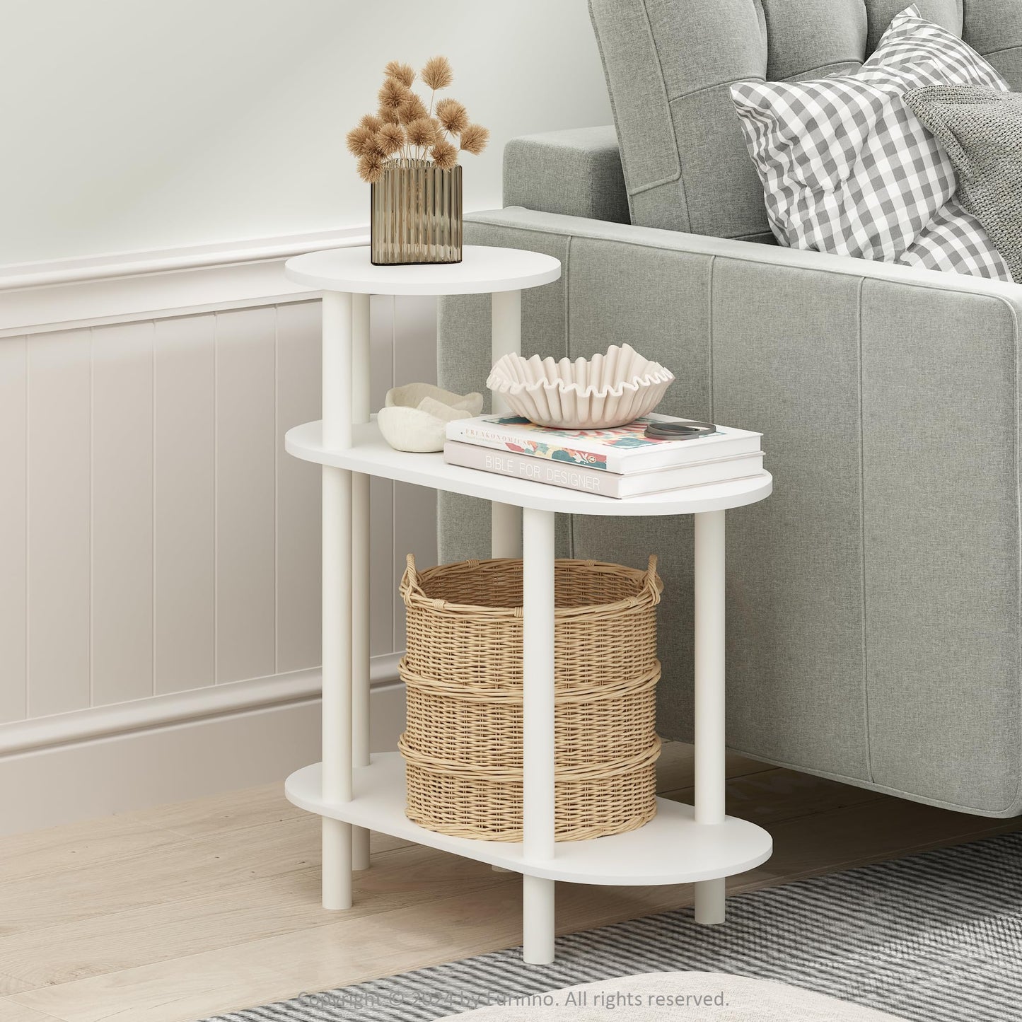 Furinno TURN-N-TUBE Side Table, 3-Tier Oval Sofa End Table with Open Shelf, Toolless Assembly Night Stand, Bedside Table, for Living Room, Bedroom