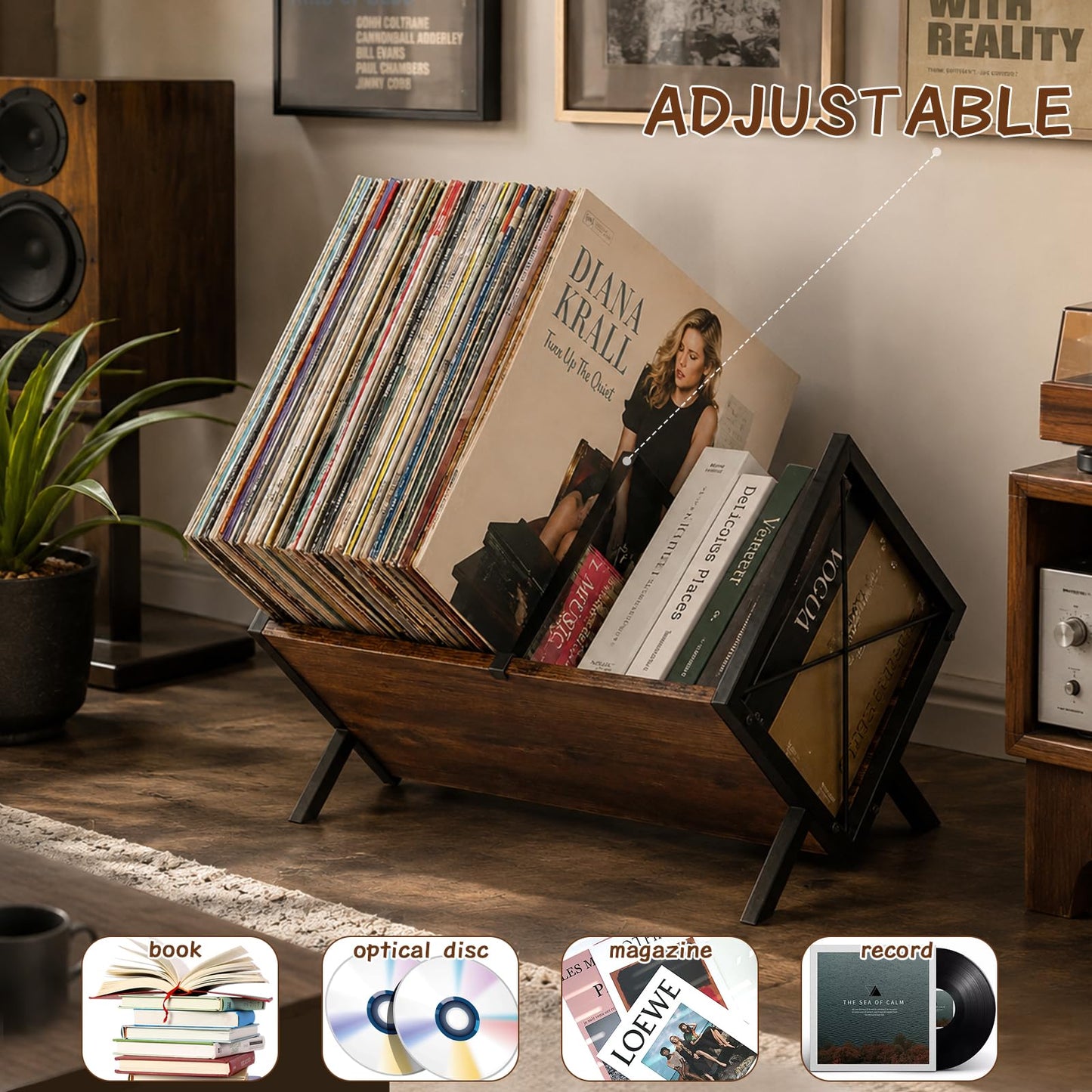 NBOUOU Vinyl Record Storage Rack, Record Holder with Adjustable Divider 80 LP Capacity, Magazine Rack Brown Retro Style Organizer