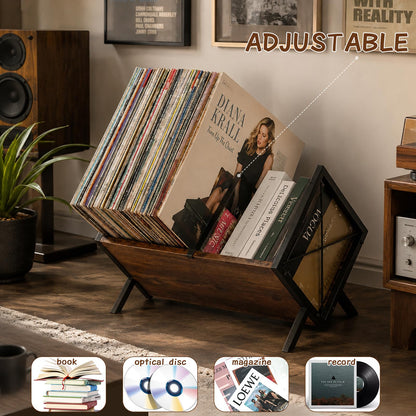 NBOUOU Vinyl Record Storage Rack, Record Holder with Adjustable Divider 80 LP Capacity, Magazine Rack Brown Retro Style Organizer