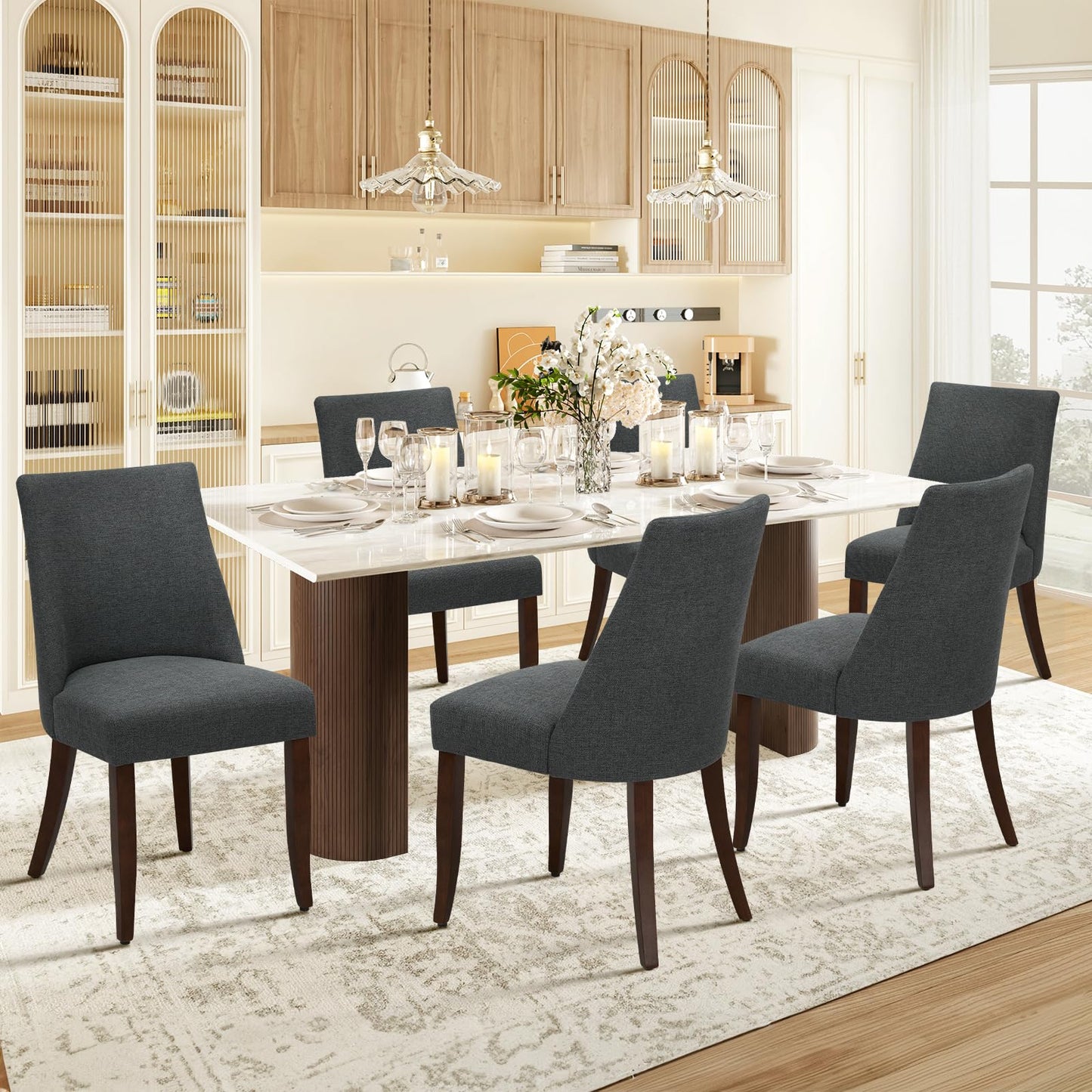 COLAMY Upholstered Dining Chairs Set of 6, Linen Fabric Parsons Dining Room Chairs with Curved Backrest, Solid Rubber Wood Legs