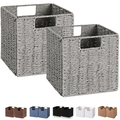 Vagusicc Wicker Baskets, Set of 2 Hand-Woven Paper Rope Storage Bins, Foldable Storage Cubes, Large Storage Baskets for Gifts Empty