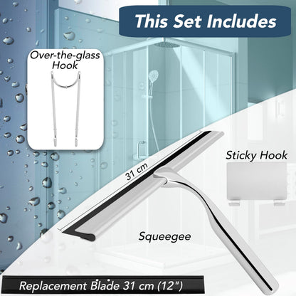 kowald Shower Squeegee Stainless Steel 31 cm Wide with 2 Different Hooks and Replacement Lip