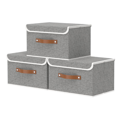 OUTBROS Fabric Storage Boxes with lids, Bins 33x23x20 cm (Grey, 3-Pack)