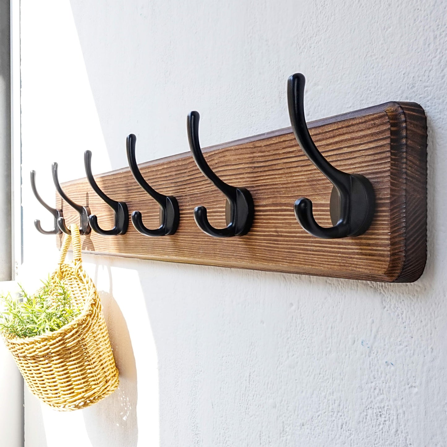 Dseap Coat Rack Wall: 60cm Long, Patented, Heavy-Duty, 6-Double-Hooks Wooden Wall Mounted Coat Rack Coat Hanger Hook Rail for Winter Coats Hat Jacket