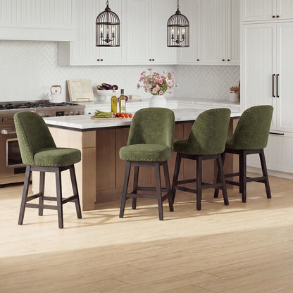 Bar Stools Set of 4, 360° Swivel Counter Stools with Upholstered Seat, Wooden Frame & Nailhead Trim