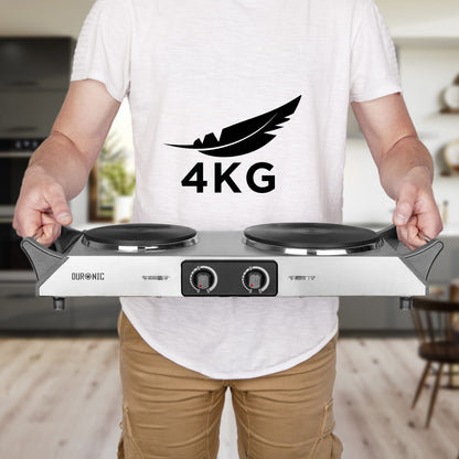Duronic Hot Plate HP2 SS, Stainless Steel Table Top Cooking, 2500W Black Steel Electric Double Hob with Handles, 2 Cast Iron Portable Hob Burner Rings