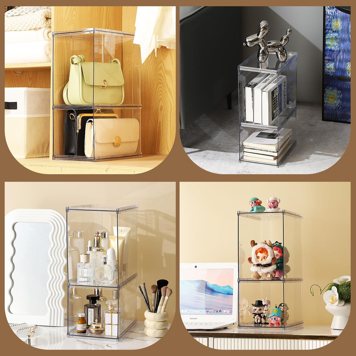 Fangoo 2 Pack Stackable Purse Bags Organizer for Closet Clear Acrylic Handbag Organizer Storage Boxes Display Case Kitchen Cupboard Bathroom