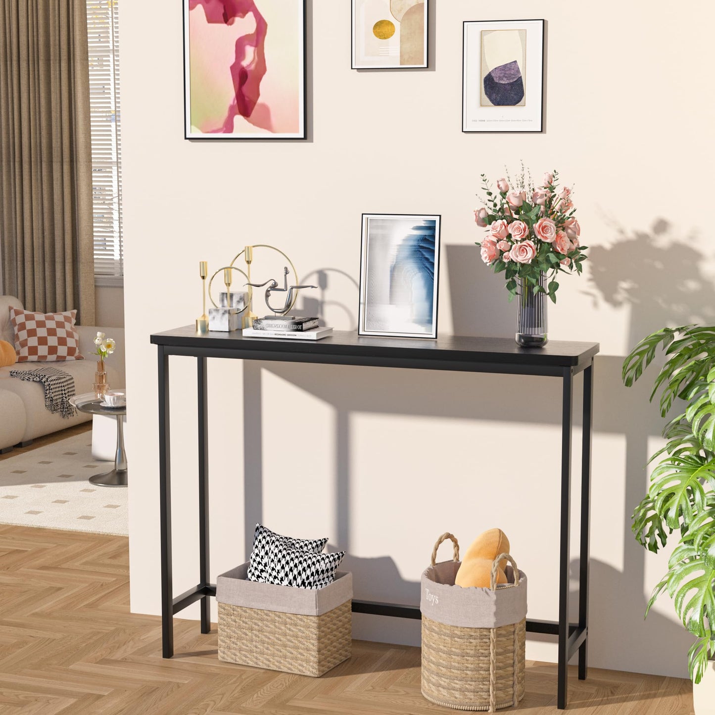 VASMIA Console Table, Slim Entryway Table, Narrow Sofa Table, 100cm Bamboo Hallway Table for Entryway, Living Room, Bedroom, Foyer, Black