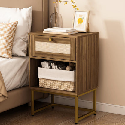 JERX Rattan Bedside Table, Farmhouse Wood Nightstand with Storage Drawer and Open Shelf Small Bedside Cabinet for Bedroom,Living Room,Office Walnut