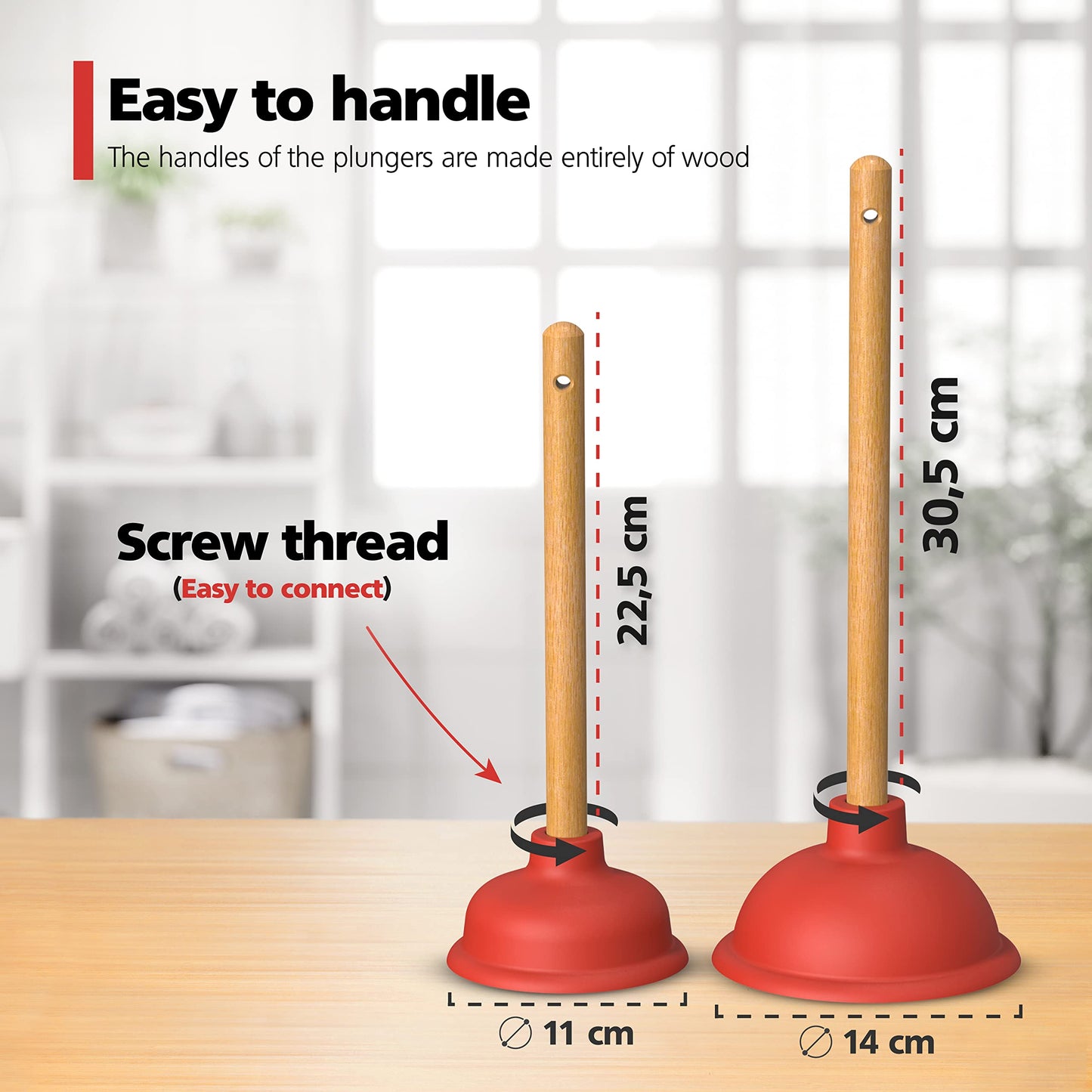 Nirox Set of 2 Sink Plungers 110 & 140 mm, Wooden Handles