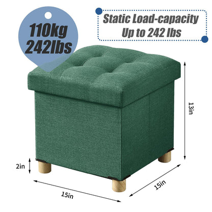 BRIAN & DANY Folding Storage Ottoman with Wood Legs, Linen Foot Stool, Storage Chest with Highly Elastic Sponge Filling, Dark Green, 38 x 38 x 38 cm