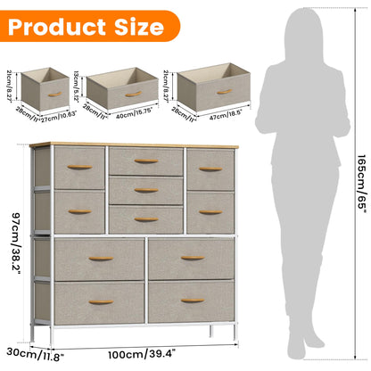 Feonase Chest of Drawers,Bedroom Tall Dresser with 11 Fabric Drawers, Metal Frame & MDF Wood Top, Adjustable Feet, Storage Organizer Unit for Bedroom