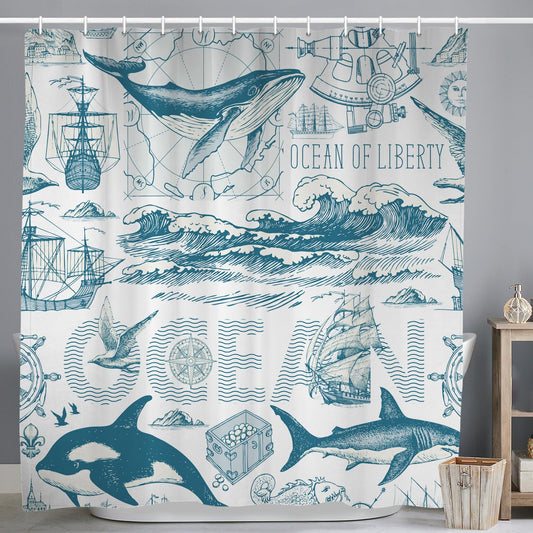 ASDCXZ Maritime Shower Curtain 180x200 cm, Maritime Nautical Sailboat Compass Sea Animals Octopus Shark Washable Shower Curtains Polyester Textile