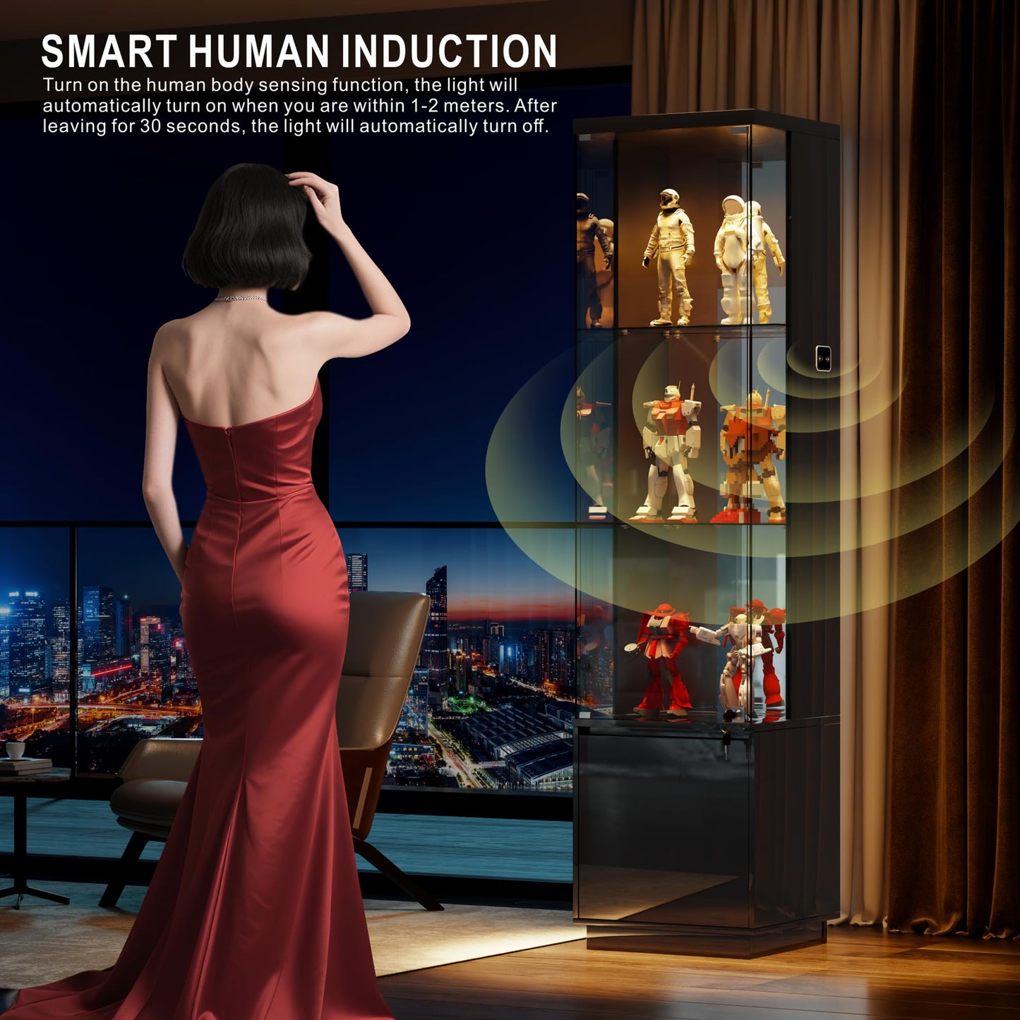 4-Tier LED Glass Display Cabinets with Human Body Sensor for Living Room