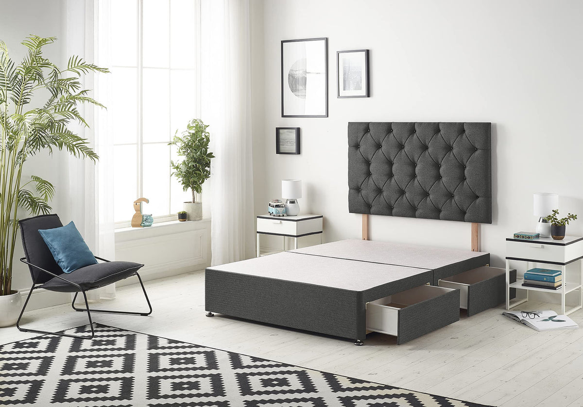 Bed Centre Premier Divan Base with 2 Drawers and Matching Headboard - Available in Multiple Fabrics and Colours (3FT Single, Tweed Charcoal)