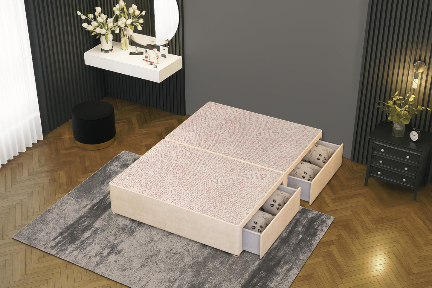 Bed Centre Flexby Divan Bed Base Only with 2 Drawers (Same Side), No Headboard - Available in 3FT, 4FT, 5FT & 6FT (3FT Single, Plush Ivory Fabric)