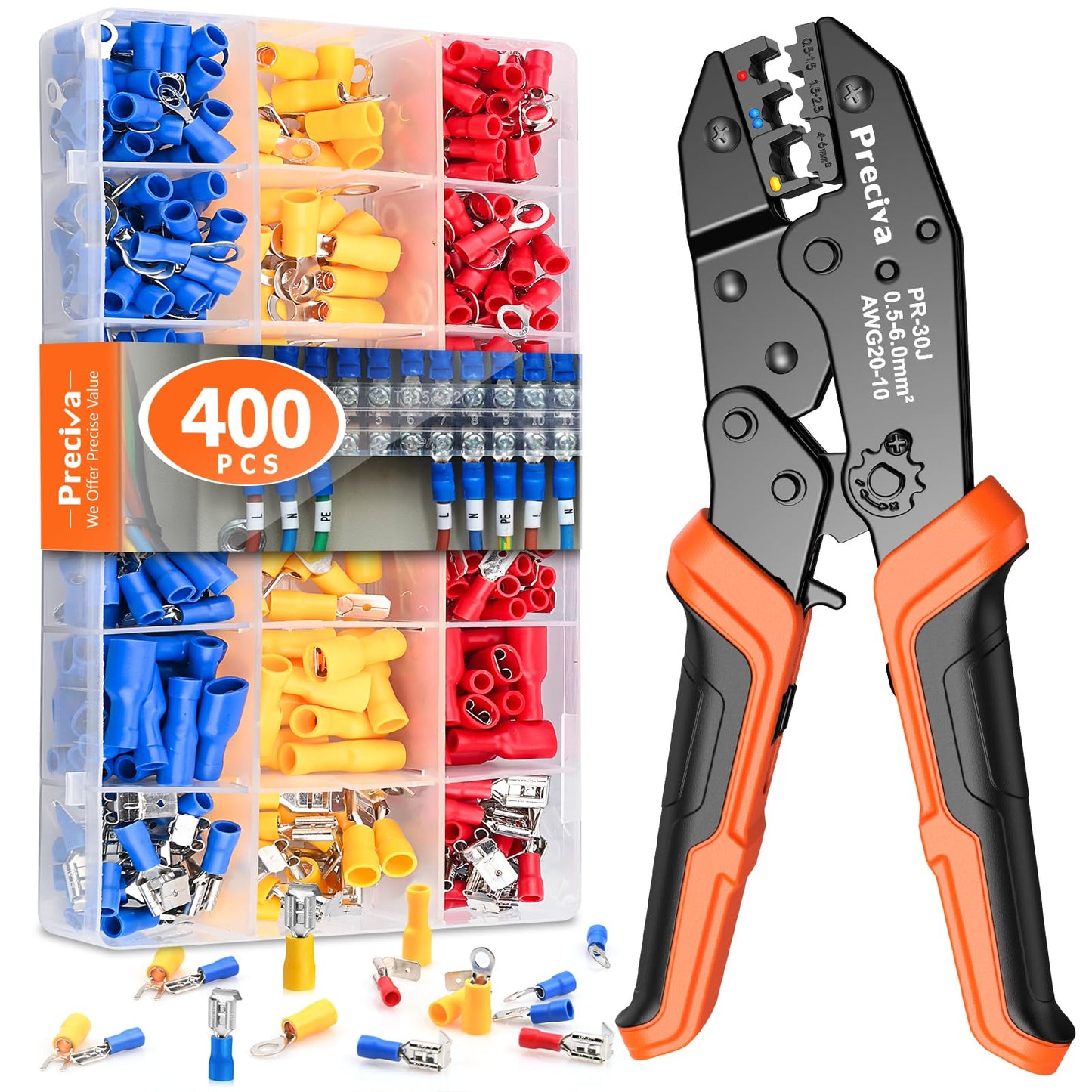 Insulated Wire Terminal Crimping Tool Kit, Preciva Black 0.5-6mm? Ratchet Crimp Plier, Electrician Cable Lug Pliers Set with 400pcs Insulated Butt