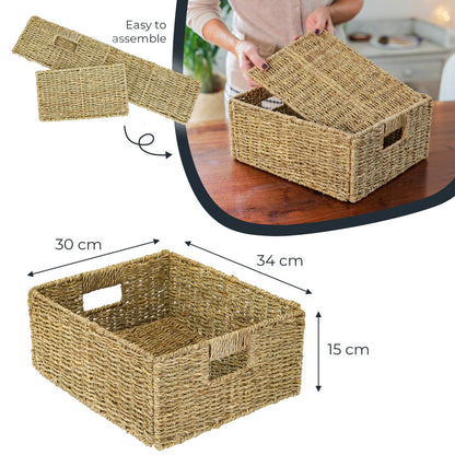 HMF Storage Basket compatible with KALLAX half shelf, basket woven from water hyacinth with handles | Set of 2 | 30 x 34 x 15 cm | Natural