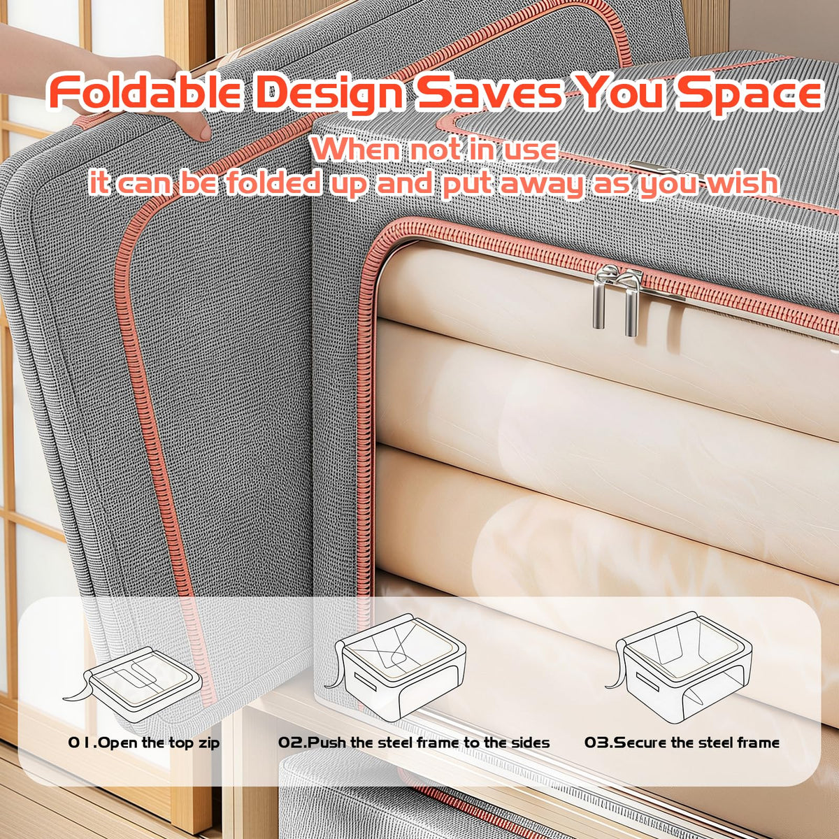 Storage Boxes Organiser, 24L Clothes Storage Boxes with Metal Frame＆Top and Front Opening Zip with Clear Window,Fabric Foldable Storage Boxes