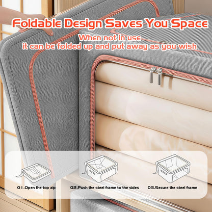 Storage Boxes Organiser, 24L Clothes Storage Boxes with Metal Frame＆Top and Front Opening Zip with Clear Window,Fabric Foldable Storage Boxes