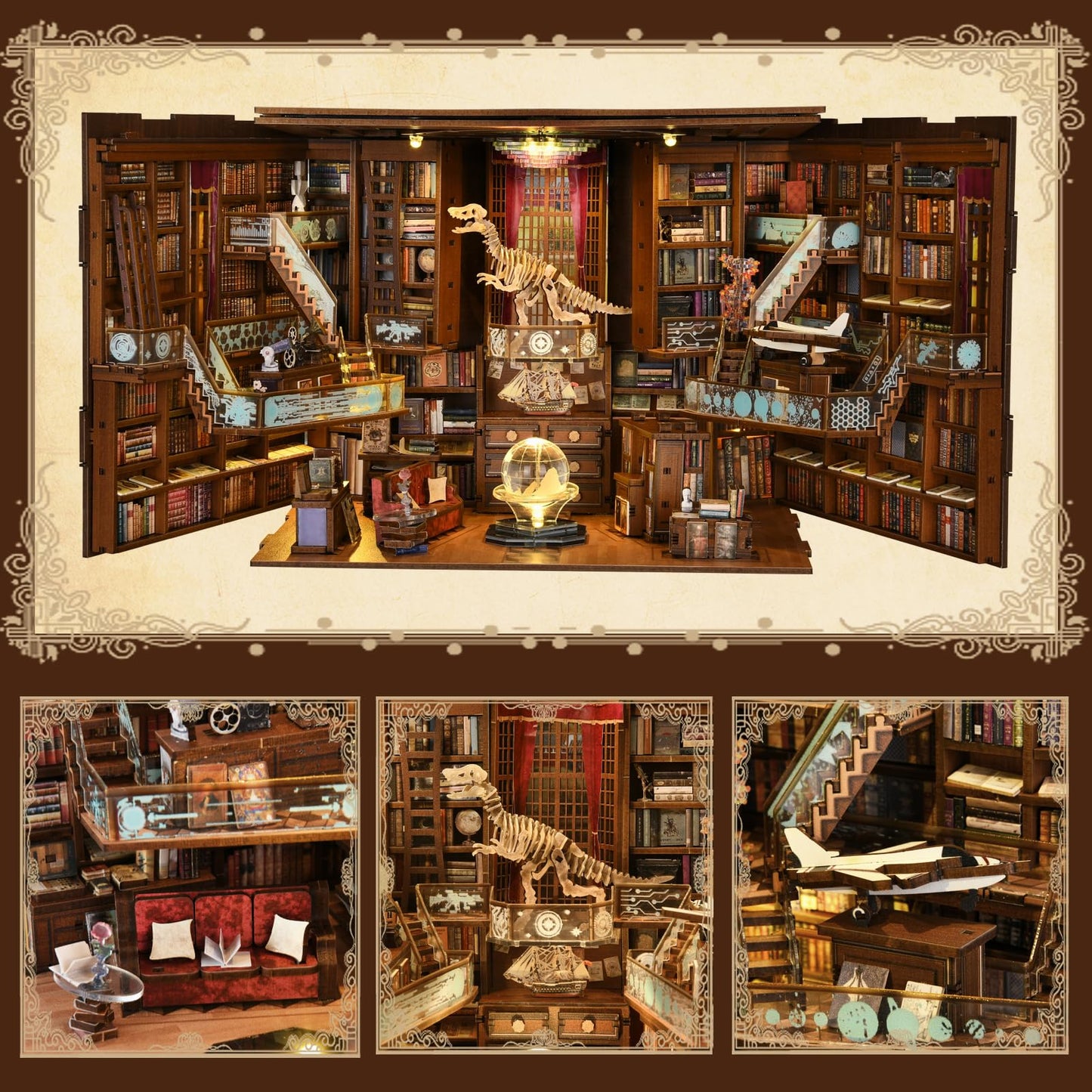 Minicity Book Nook Kit, DIY Miniature Dollhouse Booknook Kit, 3D Wooden Puzzle Bookend Bookshelf Insert Decor with LED Light for Teens and