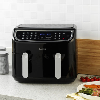 Salter EK4548 Dual Air Fryer - Double Drawer, 2 XL Non-Stick Cooking Trays, Sync & Match Cook Function, Independent Cooking, 8.2L, Sensor Touch