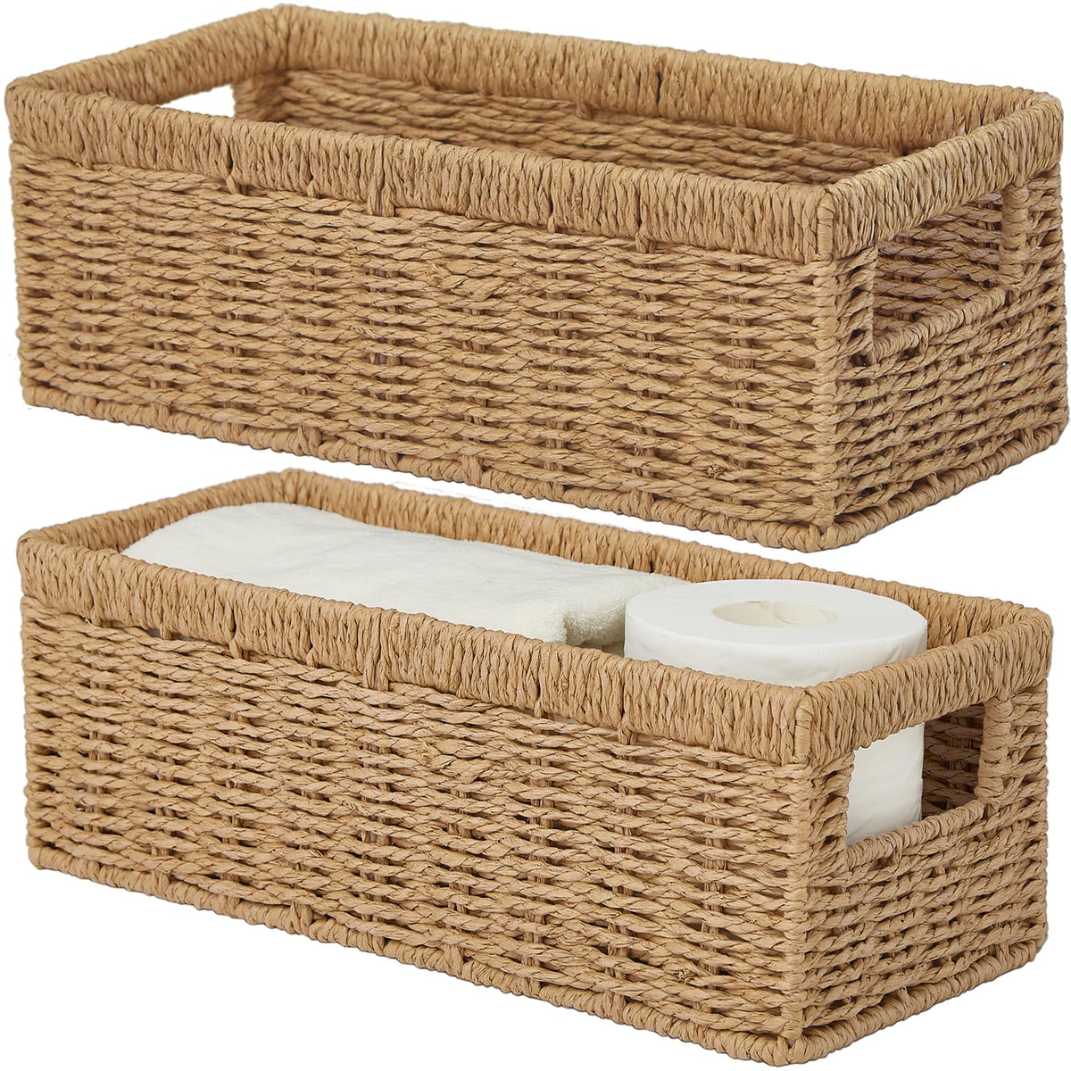 Vagusicc Wicker Storage Basket with Handle, Handwoven Set of 2 Storage Basket for Shelves, Wicker Organizer Basket, Toilet Paper Basket
