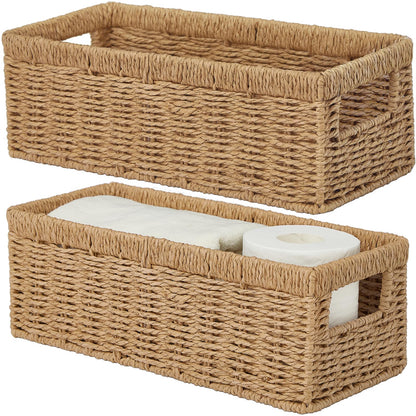 Vagusicc Wicker Storage Basket with Handle, Handwoven Set of 2 Storage Basket for Shelves, Wicker Organizer Basket, Toilet Paper Basket