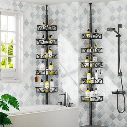 Mutool Adjustable Shower Shelf, Telescopic Shower Caddy with Hooks, No Drilling Corner Shelf with 5 Trays