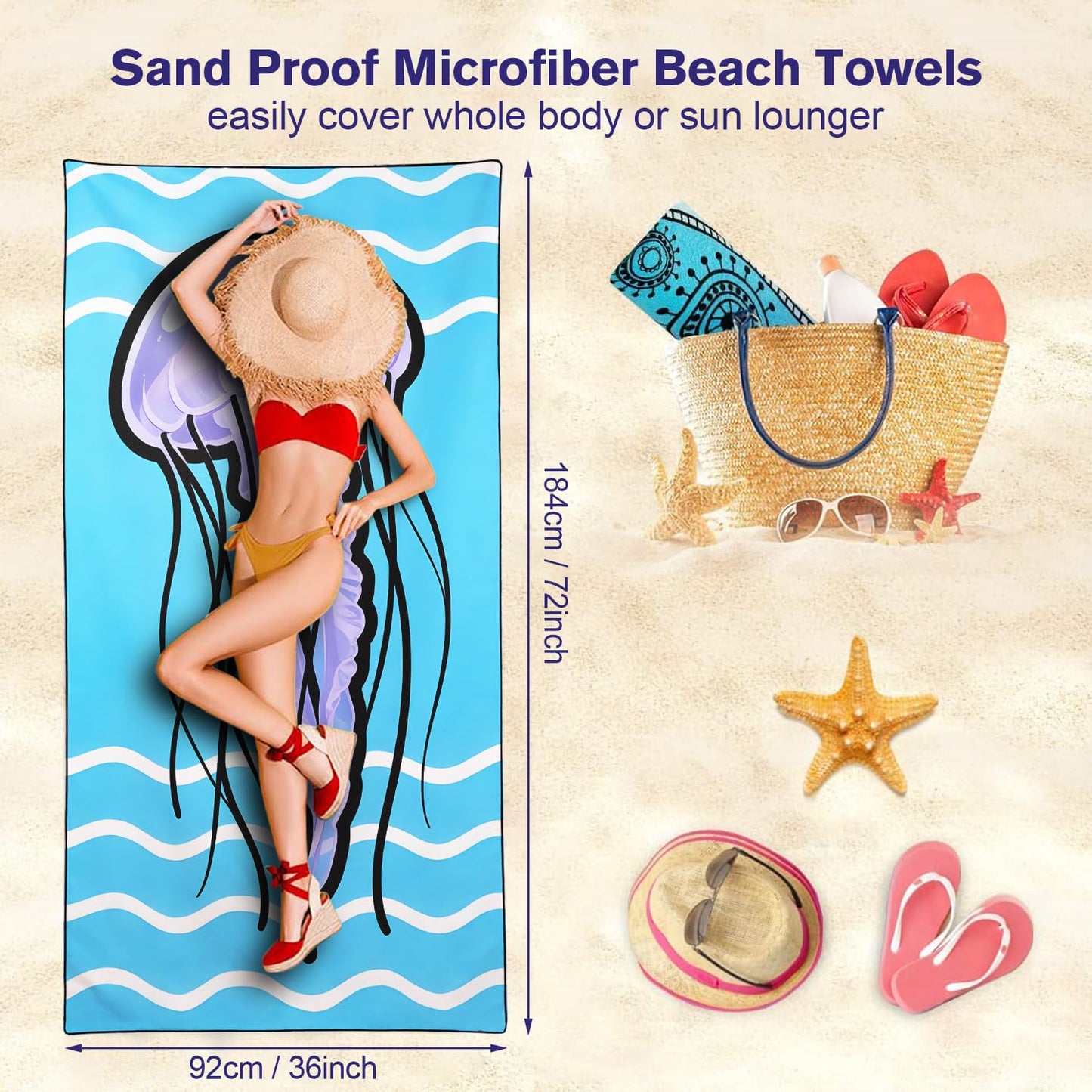 Violetpos 2 Pack Extra Large 180x90 cm Beach Towels, 250GSM Premium Microfibre, Sand Free Quick Dry Lightweight