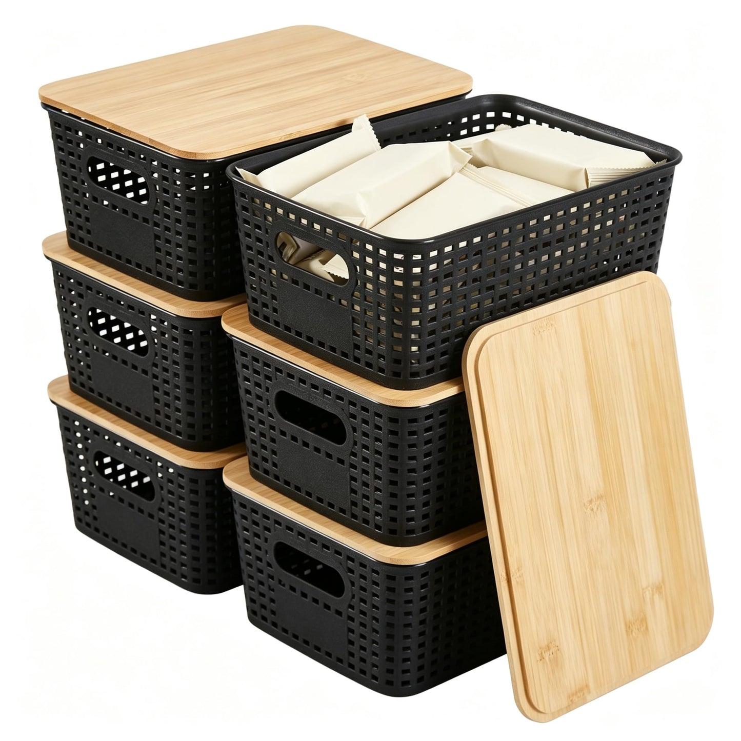 Sagittar Set of 6 Storage Boxes with Bamboo Lid, Imitation Rattan Plastic Storage Basket, Stackable Storage Bins, Ideal for Kitchen, Bathroom, Office