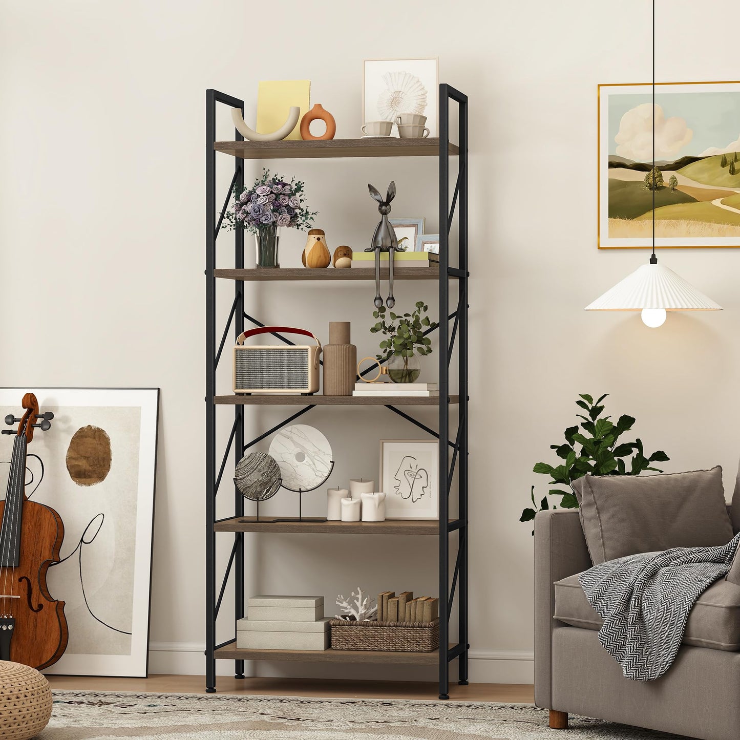 DWVO 5 Tiers Book Shelf, Wood and Metal Bookcase Storage Organizer, Industrial Bookshelf Tall Shelving Unit Display Rack for Living Room Kitchen