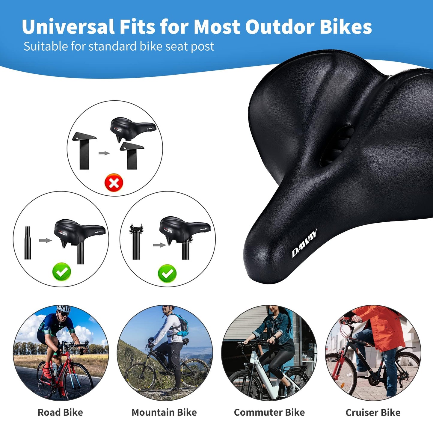 DAWAY C50 Extra Wide Bike Seat - Oversized Comfort Foam Bicycle Saddle for Men, Women & Seniors, Fit for Peloton, Cruiser, Mountain, Road Bikes,